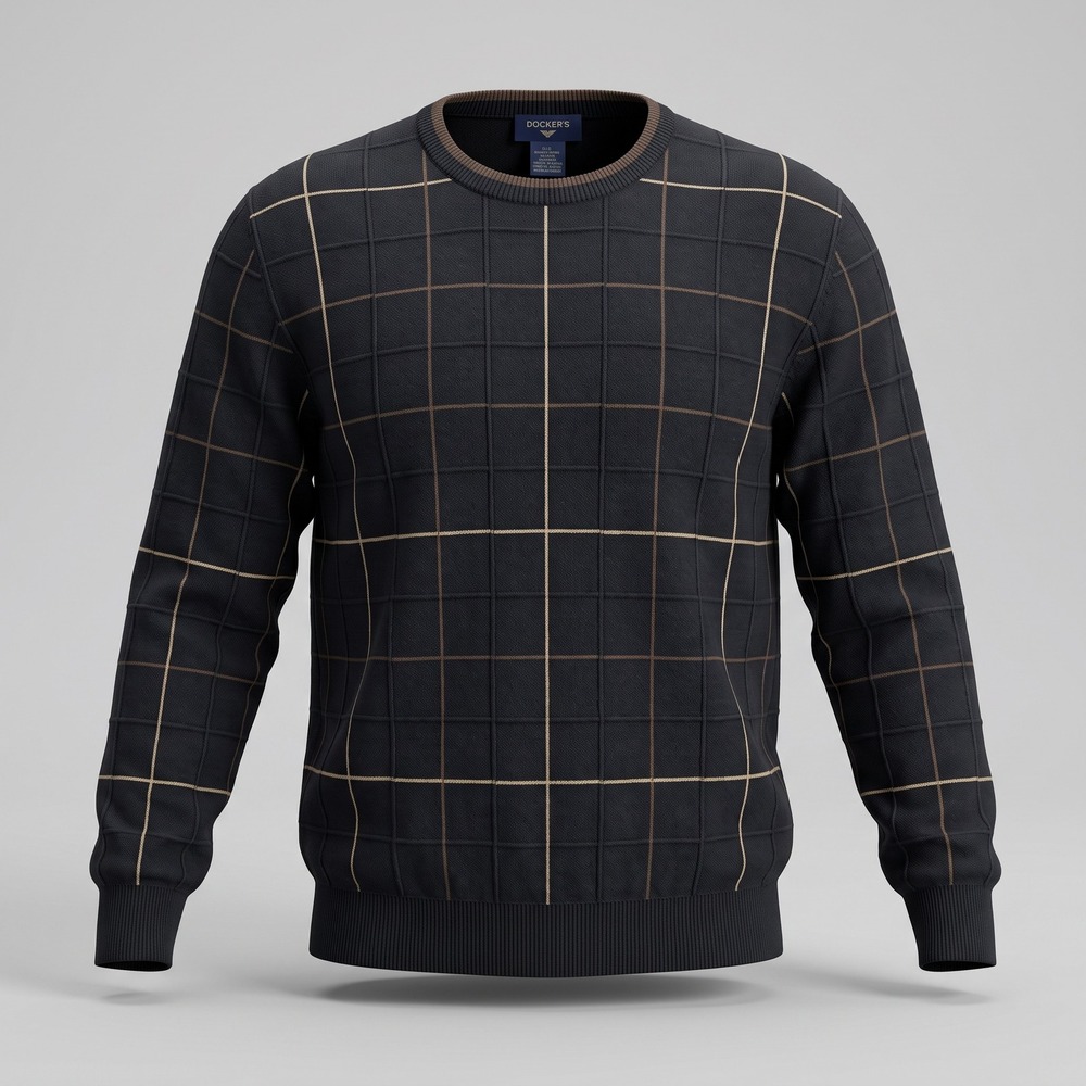 Dockers Mens Large Black Windowpane Grid Crew Neck Acrylic Pullover Sweater
